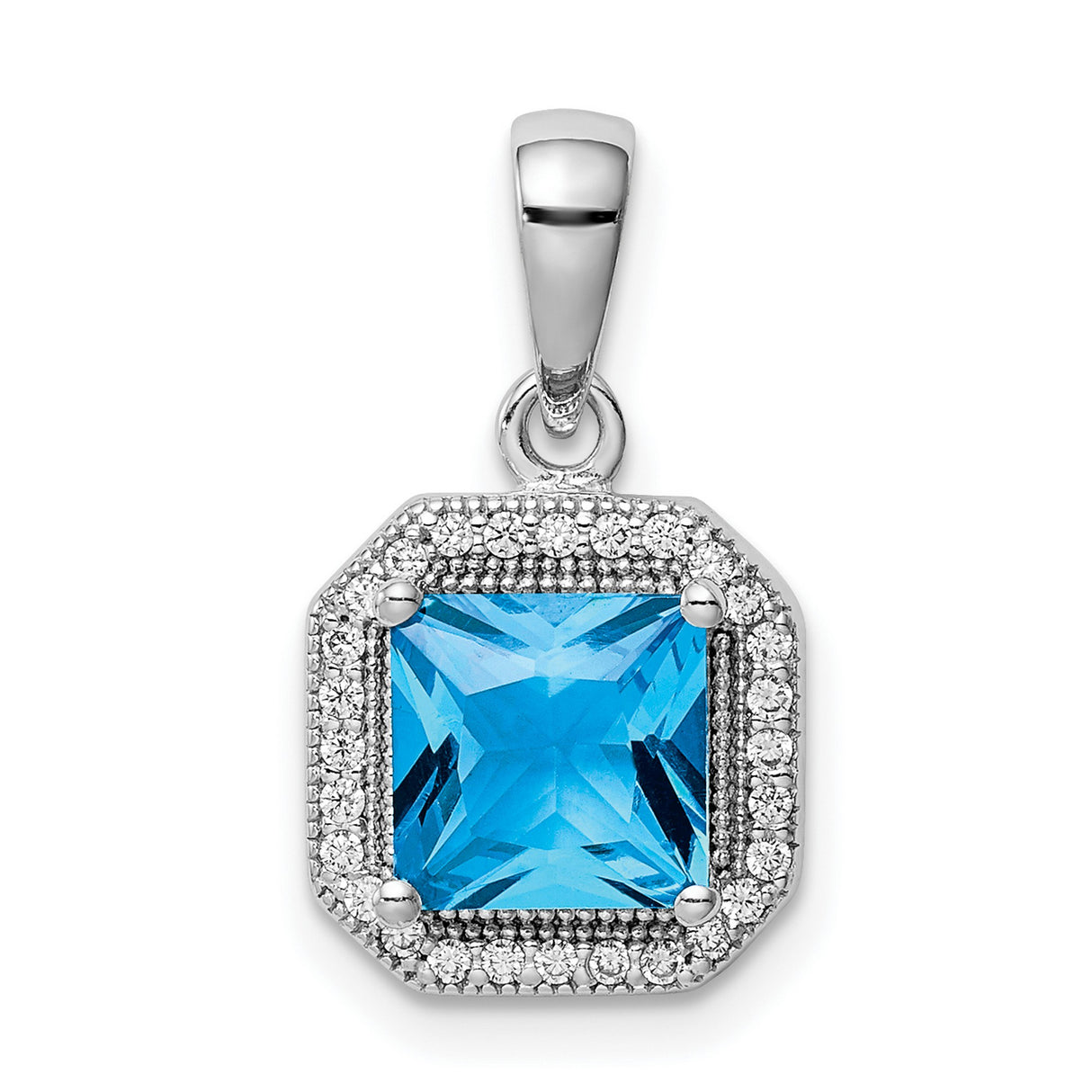Sterling Silver Pendant with Square Blue Cubic Zirconia and Clear Halo Stones, Geometric Design