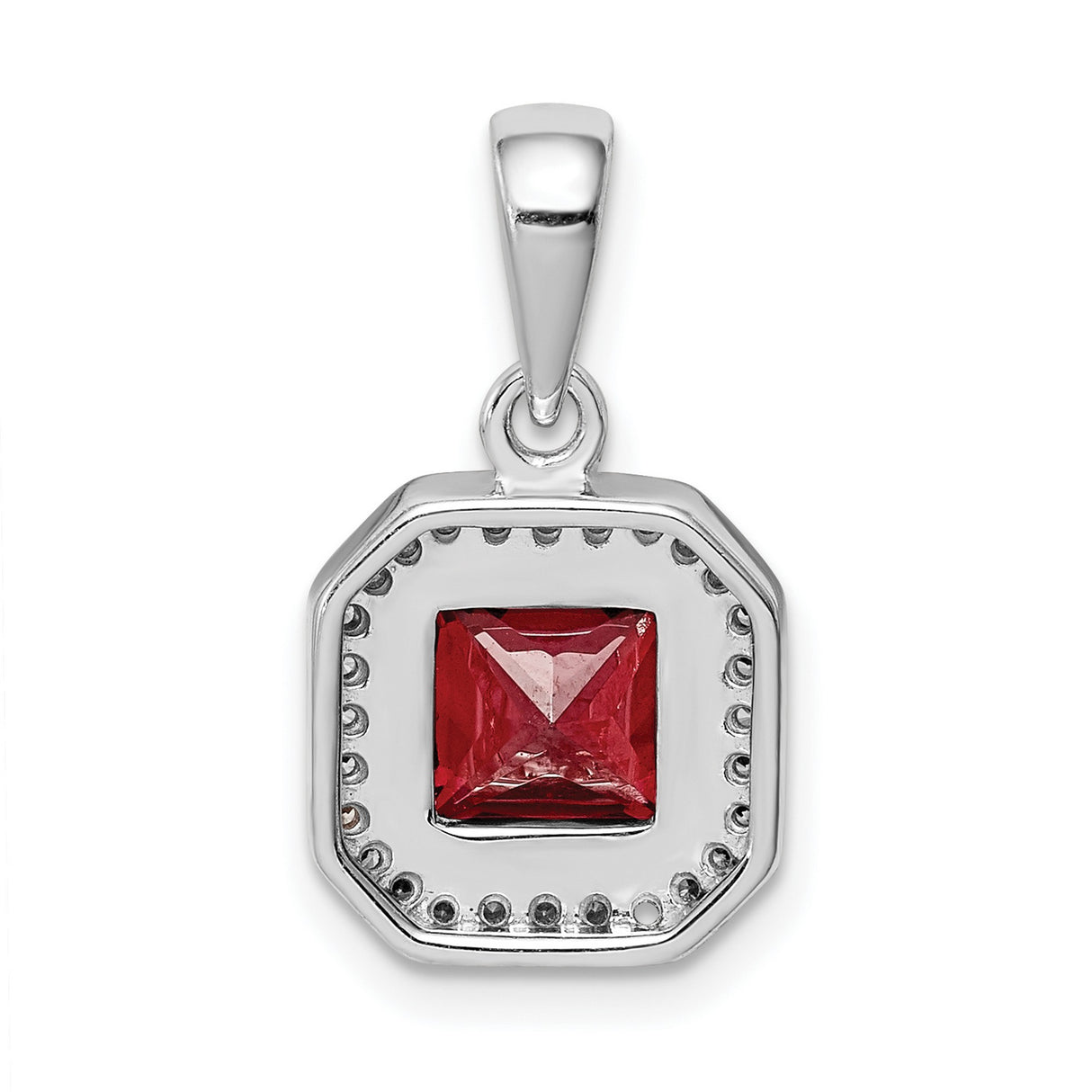 Sterling Silver Pendant with Square Red Cubic Zirconia and Halo Setting, Vintage Inspired