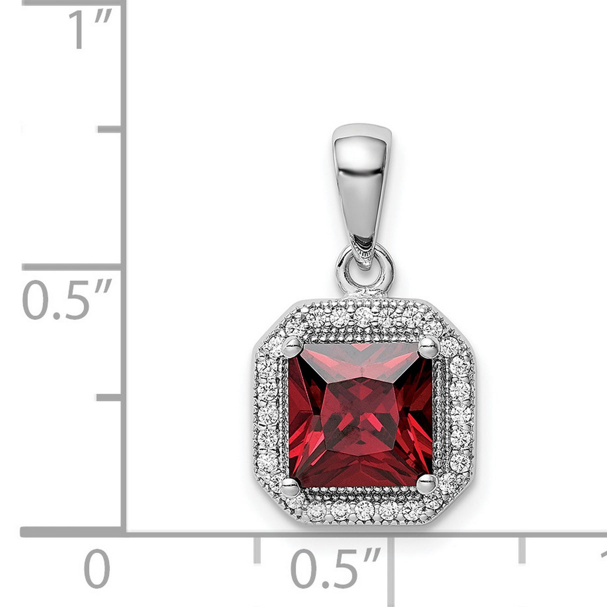 Sterling Silver Pendant with Square Red Cubic Zirconia and Halo Setting, Vintage Inspired