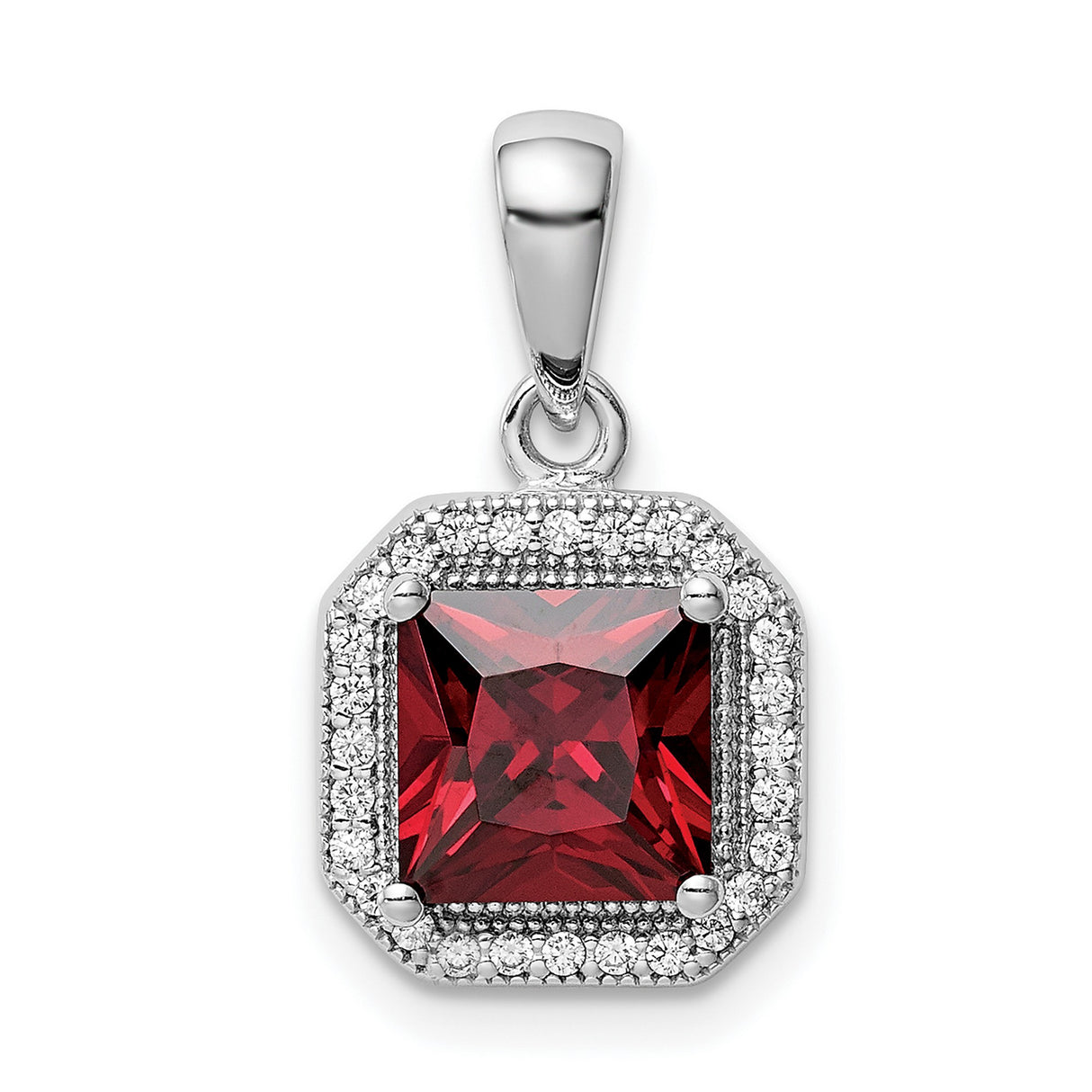 Sterling Silver Pendant with Square Red Cubic Zirconia and Halo Setting, Vintage Inspired