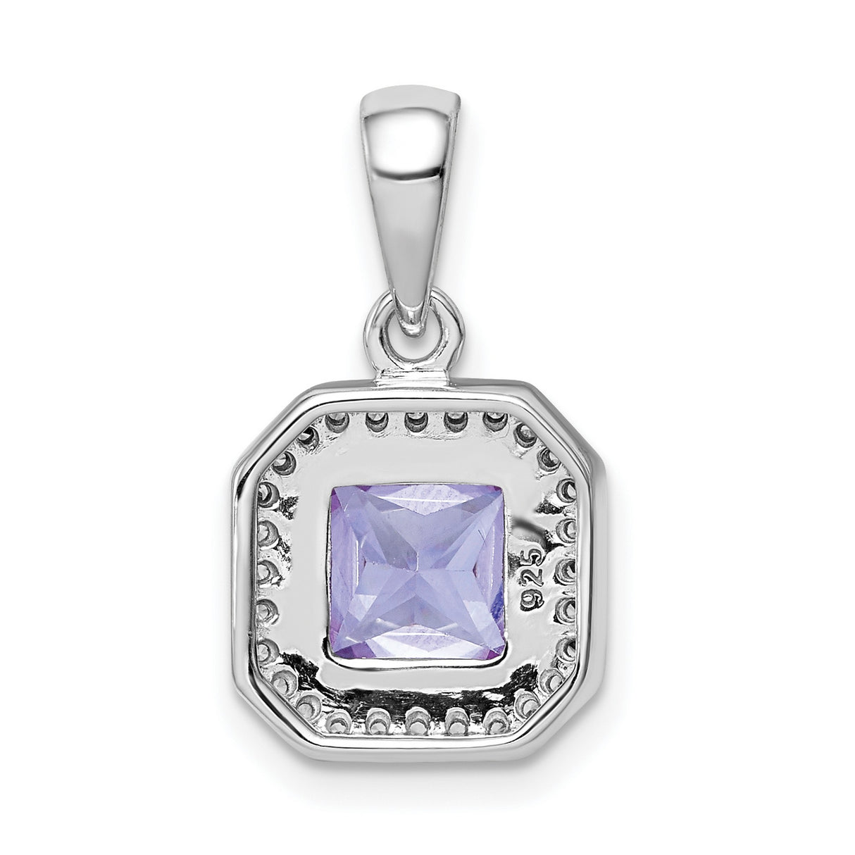 Sterling Silver Pendant with Square Cut Lavender Cubic Zirconia, Halo Style
