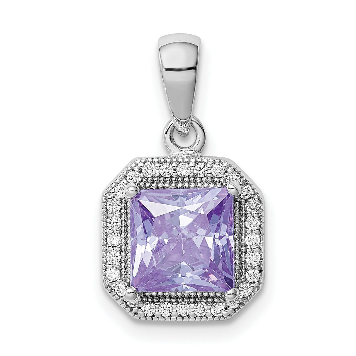 Sterling Silver Pendant with Square Cut Lavender Cubic Zirconia, Halo Style