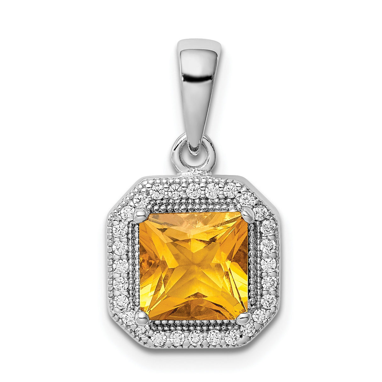 Sterling Silver Pendant with Square Cut Yellow Cubic Zirconia and Halo of White Stones