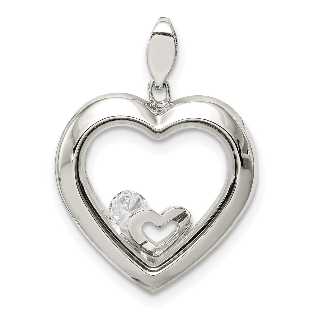 Sterling Silver Heart Pendant with Double Heart Design and Cubic Zirconia Accent