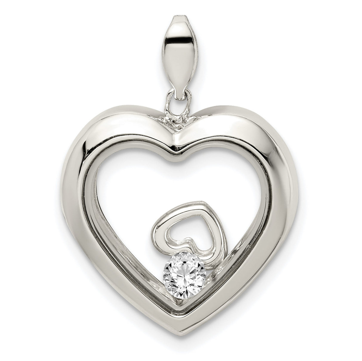 Sterling Silver Heart Pendant with Double Heart Design and Cubic Zirconia Accent