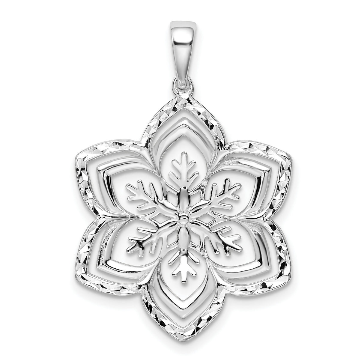 Sterling Silver Snowflake Pendant with Layered Cut-Out Floral Design, Winter Botanical Motif Charm