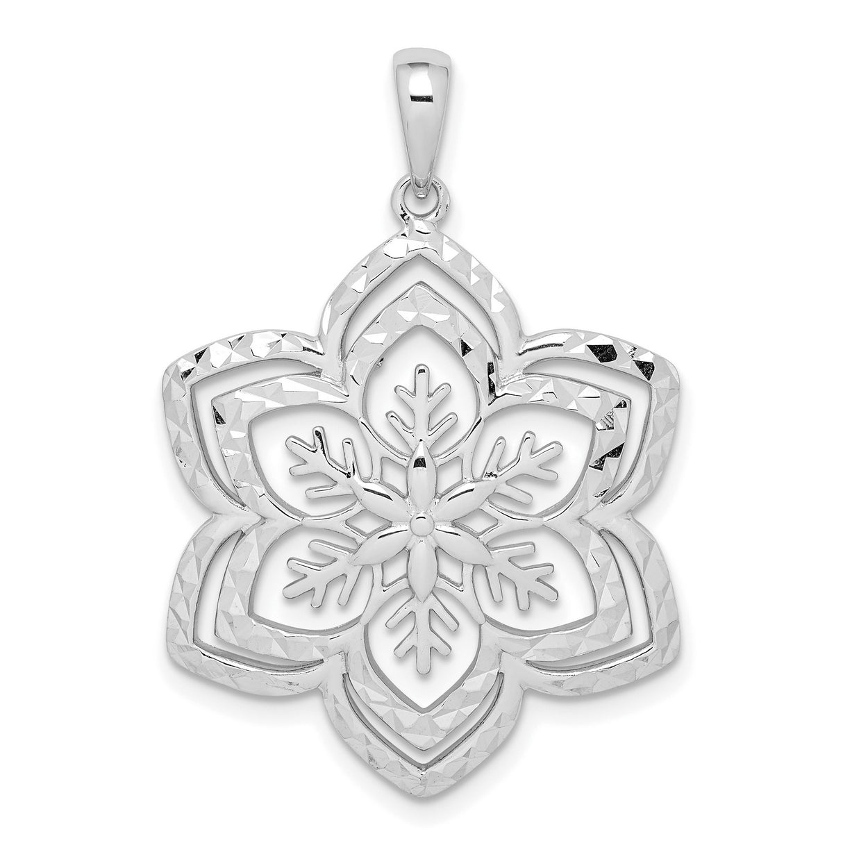 Sterling Silver Snowflake Pendant with Layered Cut-Out Floral Design, Winter Botanical Motif Charm