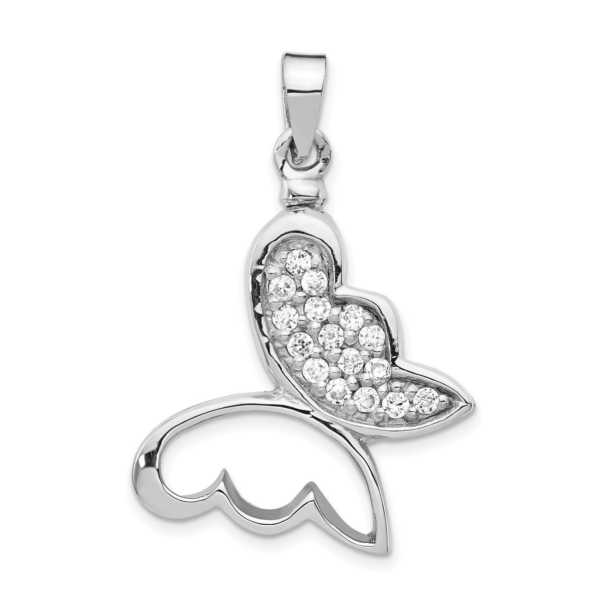 Sterling Silver Butterfly Pendant with One Wing Accented in Clear Cubic Zirconia