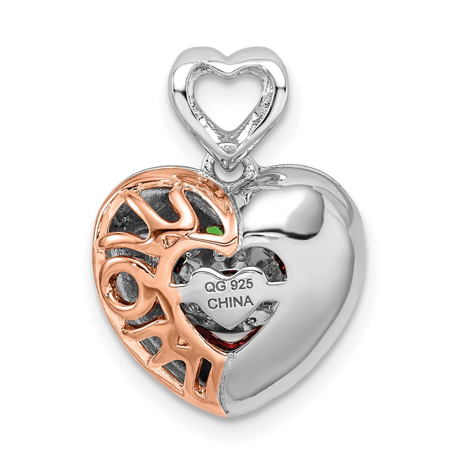 Sterling Silver Heart Shaped Pendant with Pink Cubic Zirconia, Rose Accents, Love Theme Jewelry