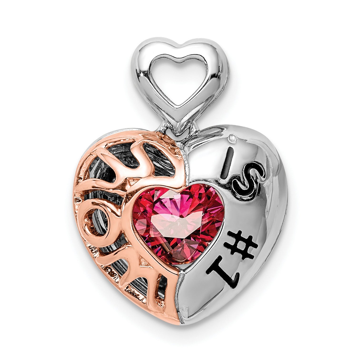 Sterling Silver Heart Shaped Pendant with Pink Cubic Zirconia, Rose Accents, Love Theme Jewelry