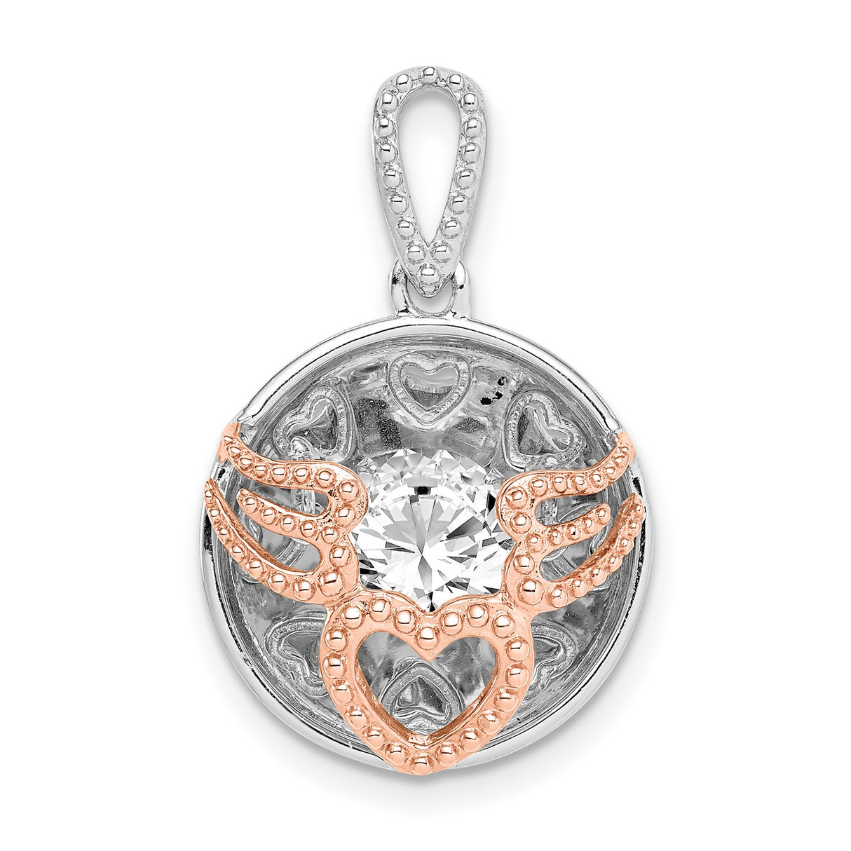 Sterling Silver Angel Heart Pendant with Cubic Zirconia and Rose Gold Wings for Women