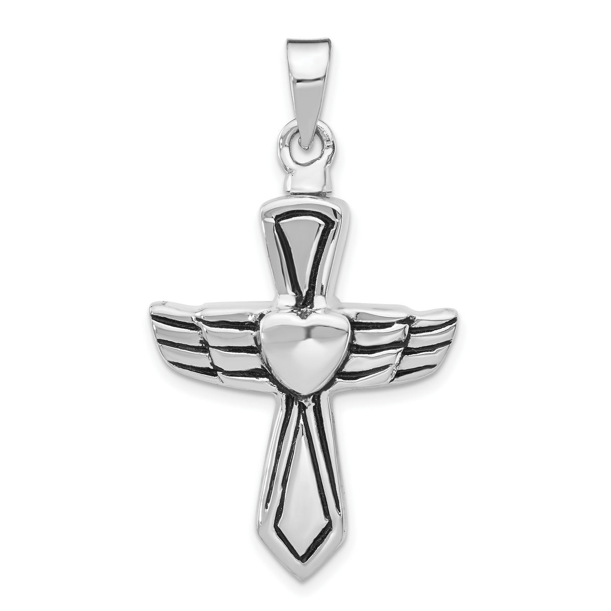 Sterling Silver Cross Pendant with Heart and Wings Design, Christian Jewelry for Women
