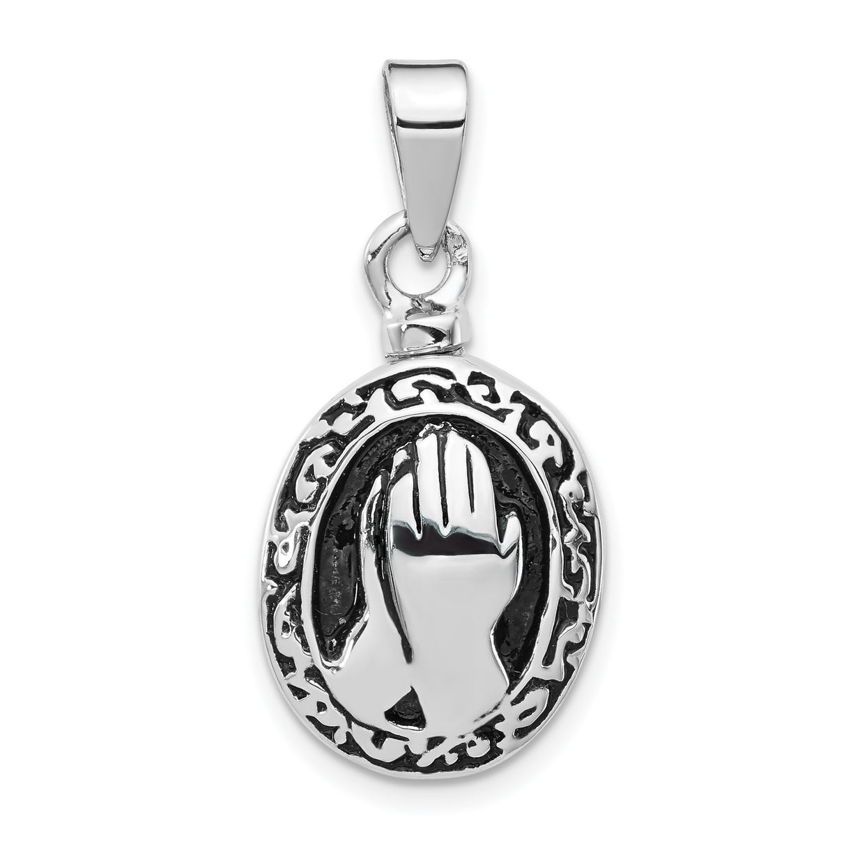 Sterling Silver Praying Hands Pendant with Ornate Oval Frame, Christian Religious Jewelry