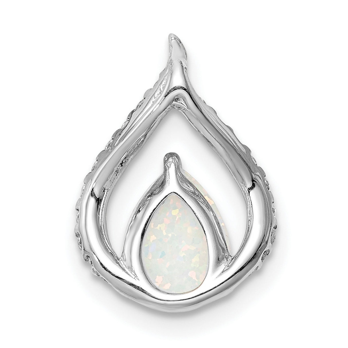 Sterling Silver Pendant with Pear Shaped White Opal and Cubic Zirconia in Teardrop Loop Design