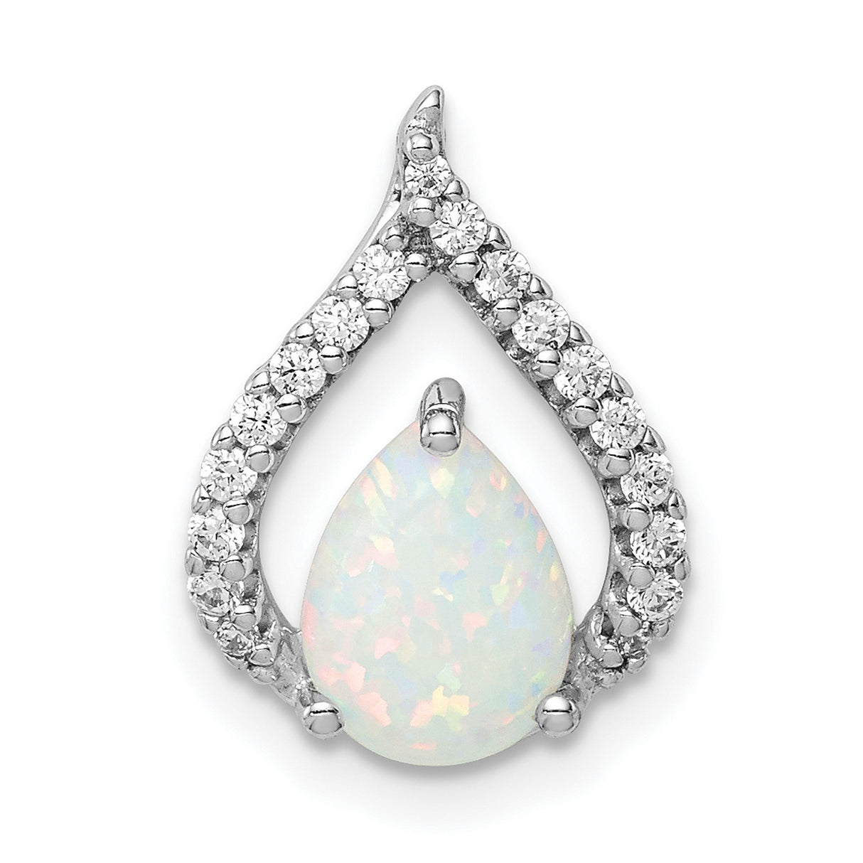 Sterling Silver Pendant with Pear Shaped White Opal and Cubic Zirconia in Teardrop Loop Design