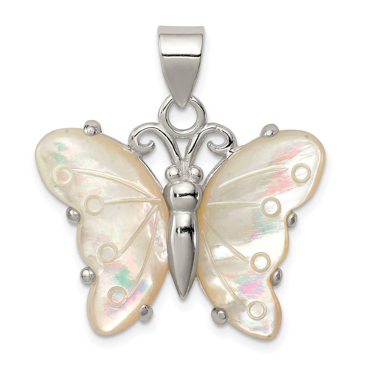 Sterling Silver Butterfly Pendant with Iridescent Mother of Pearl Inlay, Nature Inspired Jewelry