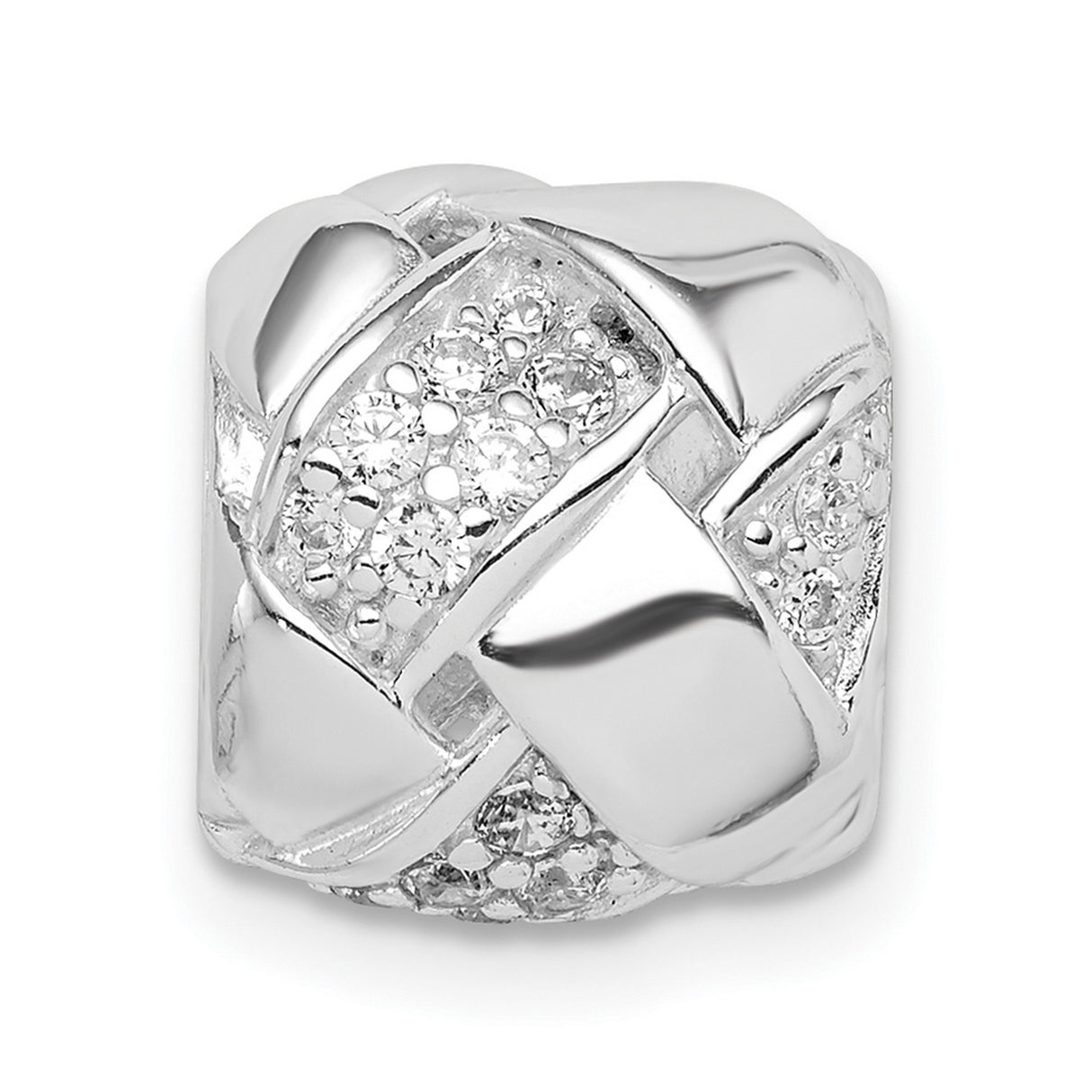 Sterling Silver Charm Bead with Cubic Zirconia, Intertwined Ribbon Design, Textured Finish
