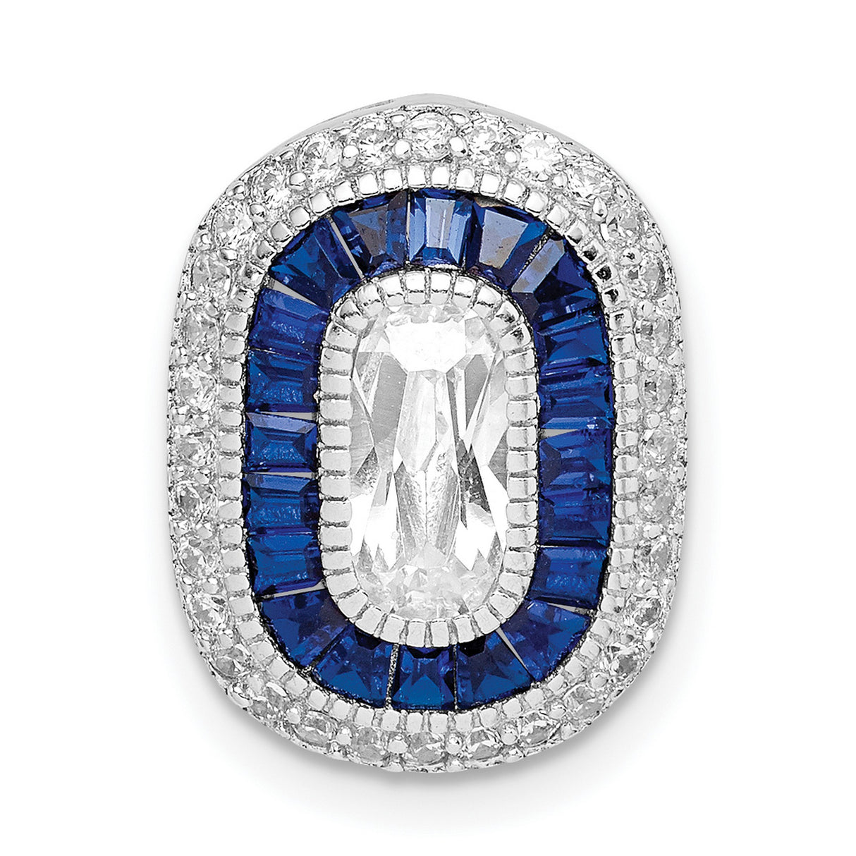 Sterling Silver Cocktail Ring with Emerald Cut Cubic Zirconia, Blue Baguette Halo, Crystal Accents