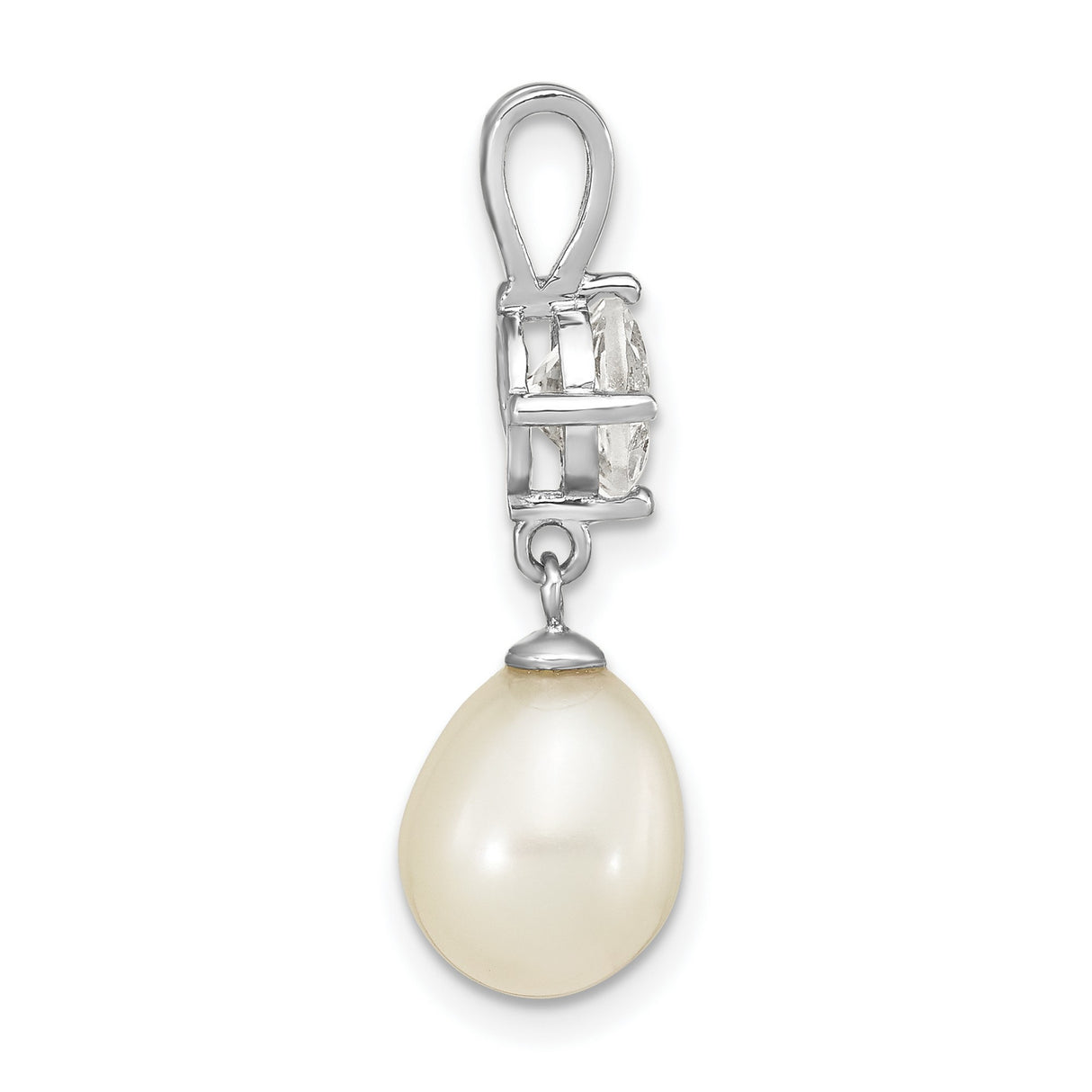 Sterling Silver Pendant with Teardrop Freshwater Pearl and White Topaz, Classic Bridal Style