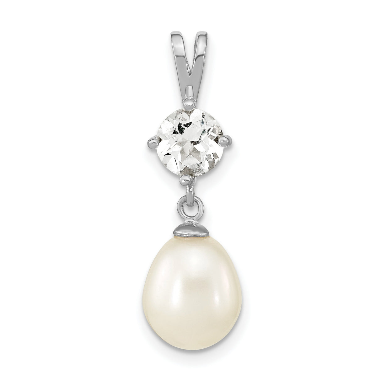 Sterling Silver Pendant with Teardrop Freshwater Pearl and White Topaz, Classic Bridal Style