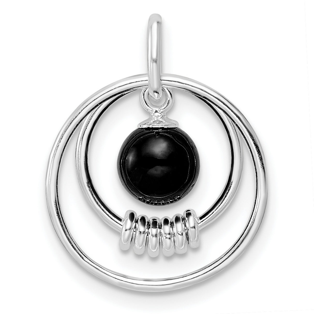 Sterling Silver Pendant with Round Black Onyx, Concentric Circles and Coiled Detail