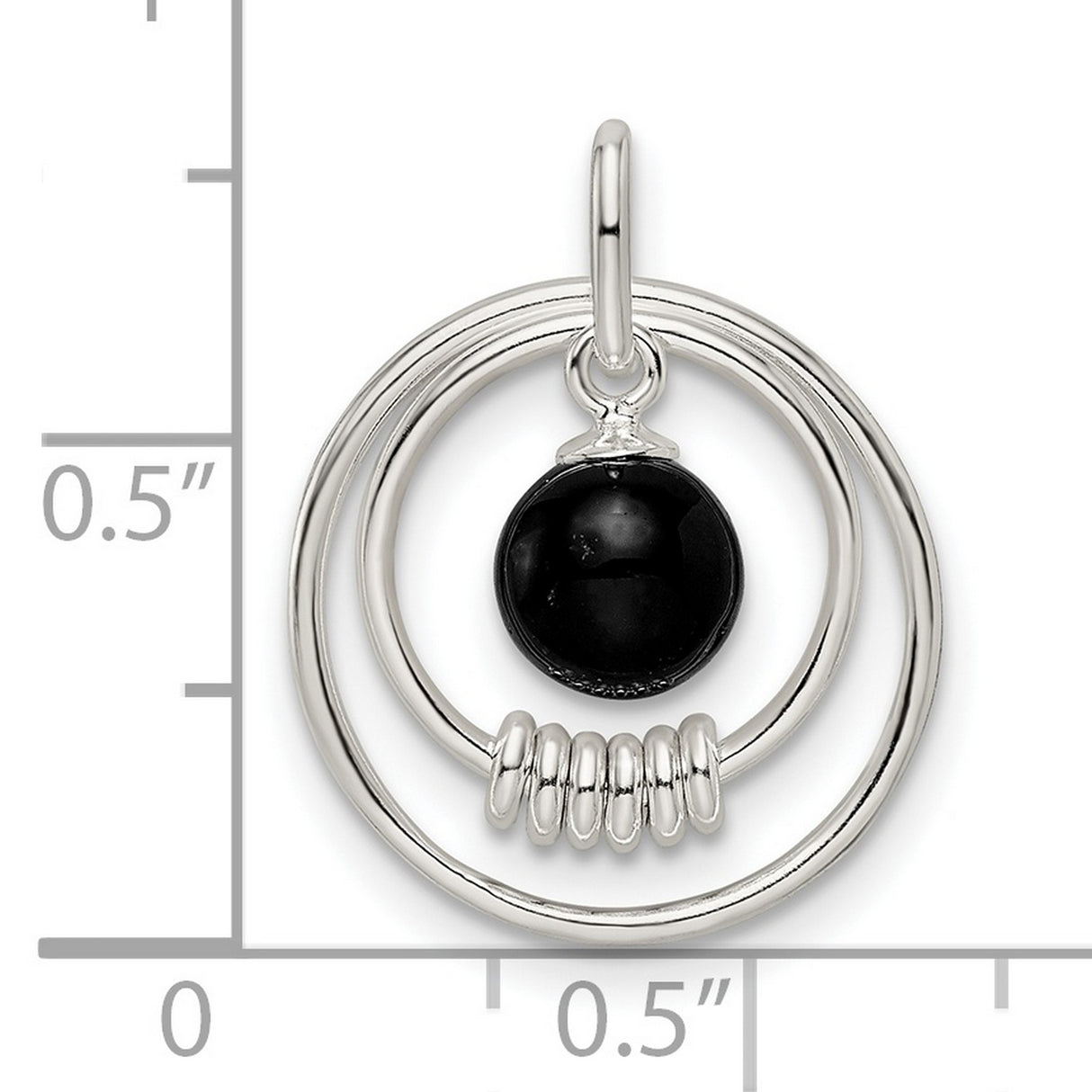 Sterling Silver Pendant with Round Black Onyx, Concentric Circles and Coiled Detail