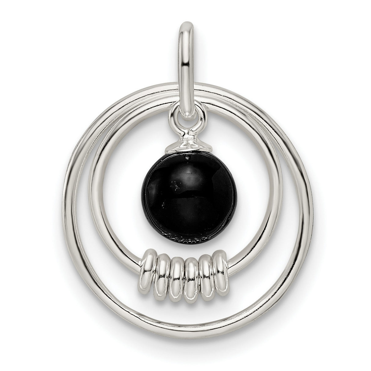 Sterling Silver Pendant with Round Black Onyx, Concentric Circles and Coiled Detail