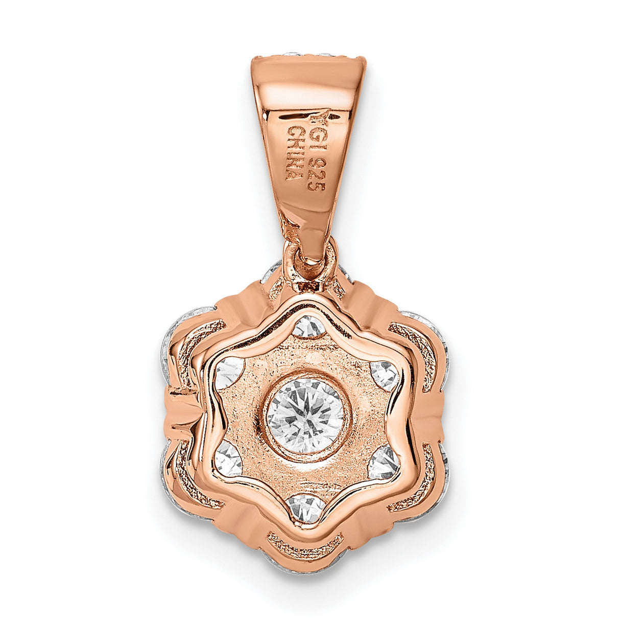 Sterling Silver Floral Pendant with Cubic Zirconia Cluster, Rose Gold Plated, Round Flower Design