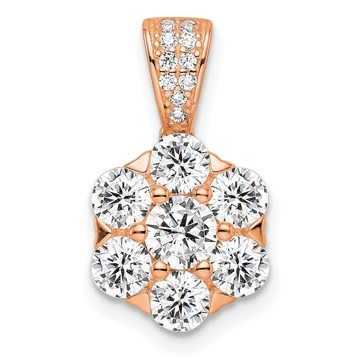 Sterling Silver Floral Pendant with Cubic Zirconia Cluster, Rose Gold Plated, Round Flower Design