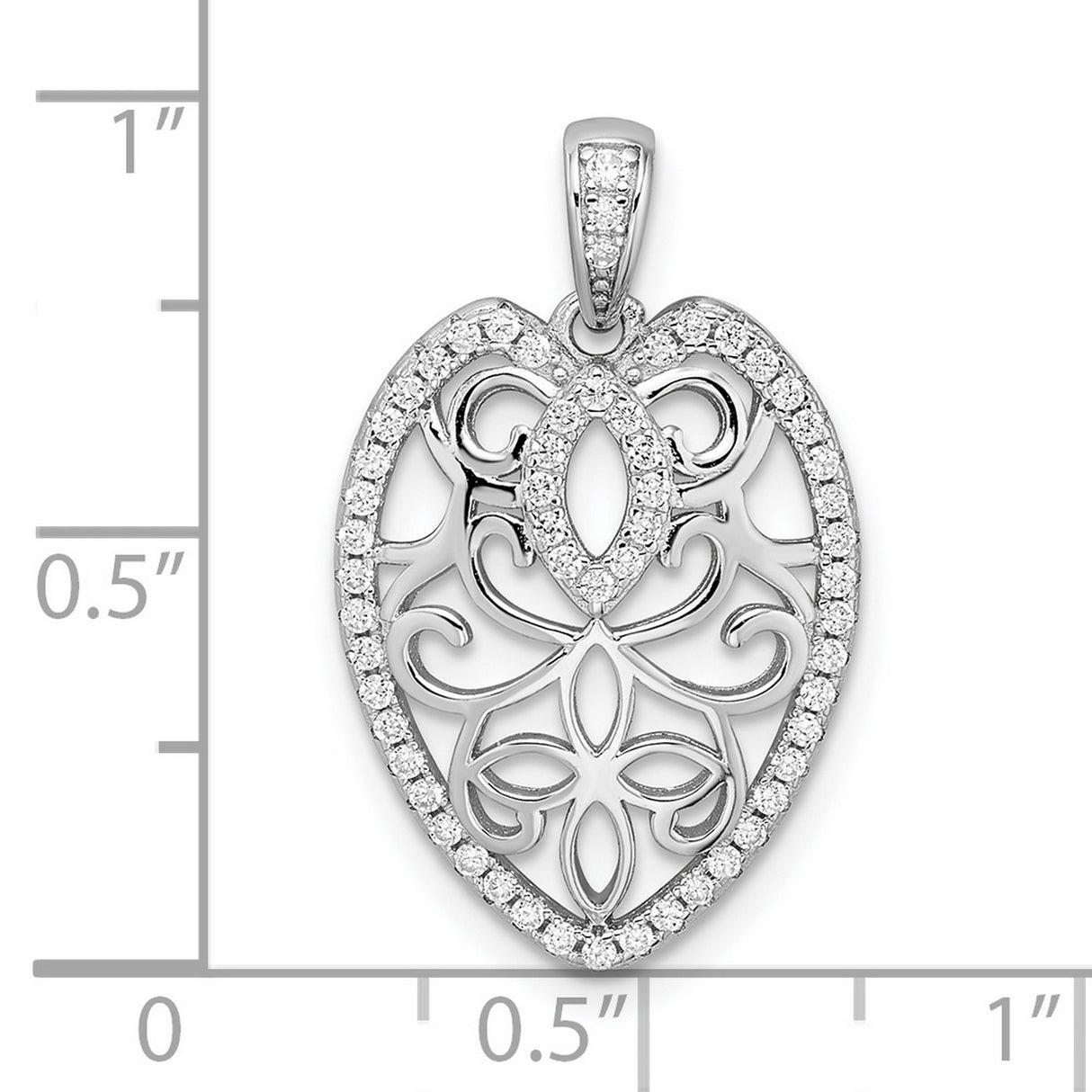 Sterling Silver Heart Pendant with Openwork Filigree, Floral Scroll Design, Cubic Zirconia Accents