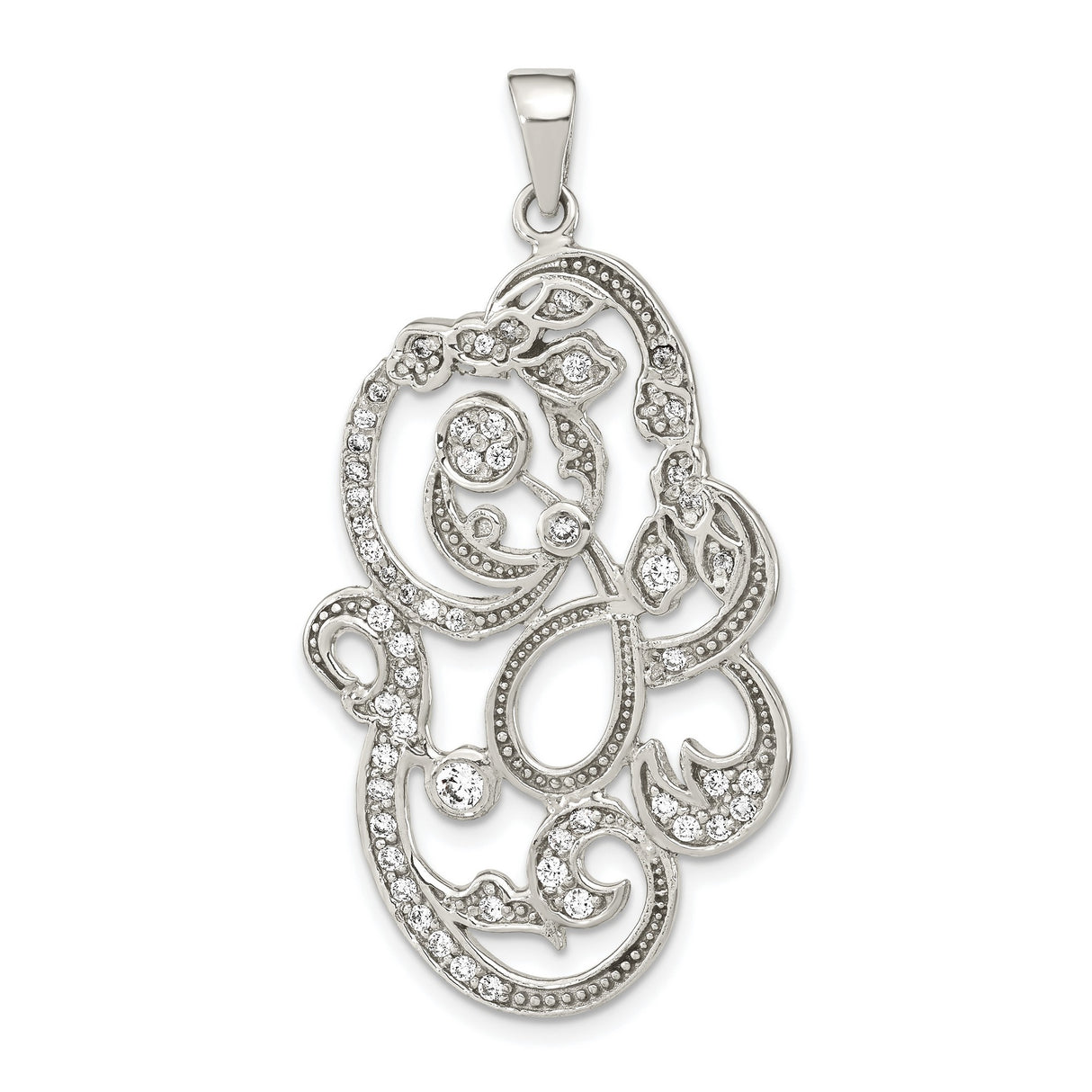 Sterling Silver Pendant with Cubic Zirconia, Floral Filigree Vintage Design for Women