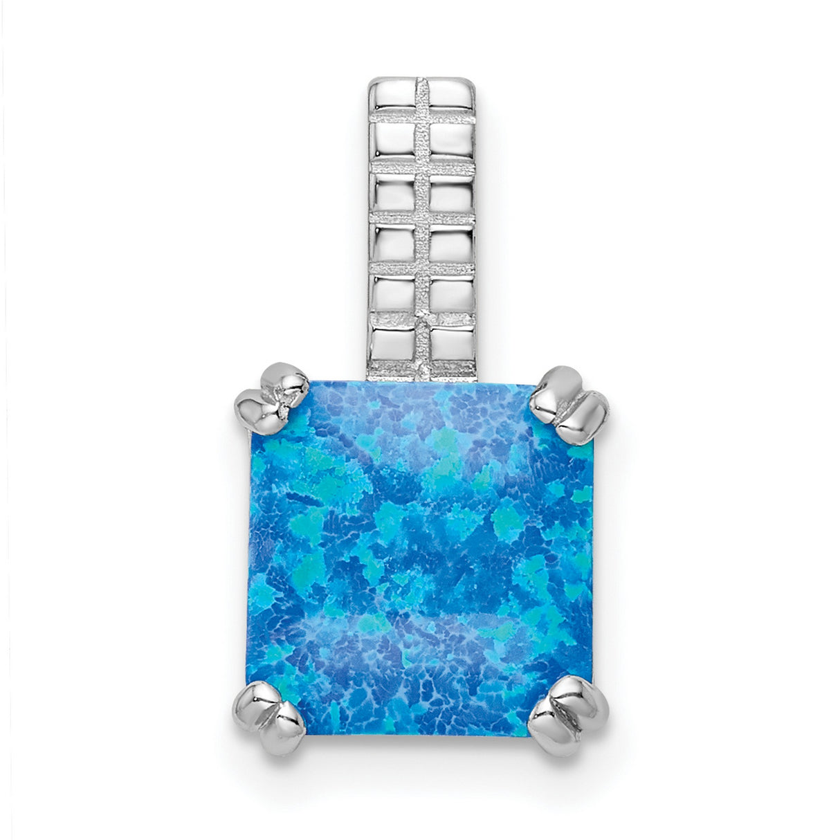 Sterling Silver Pendant with Square Cut Blue Opal, Modern Grid Bail Design