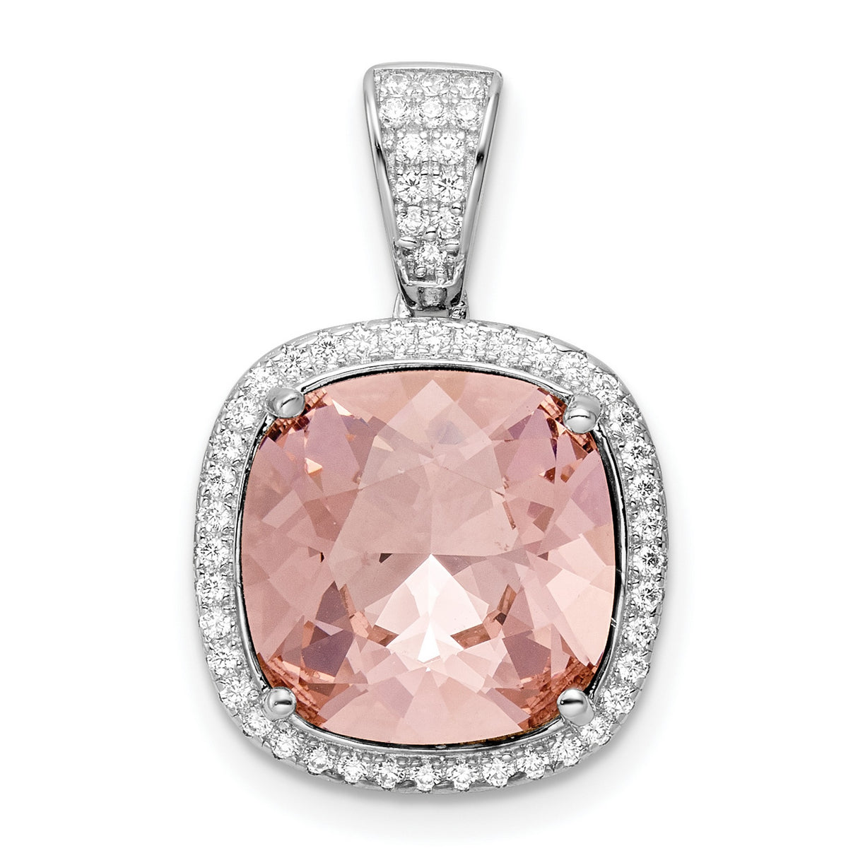 Sterling Silver Pendant with Cushion Cut Pink Gemstone and Halo Cubic Zirconia Setting