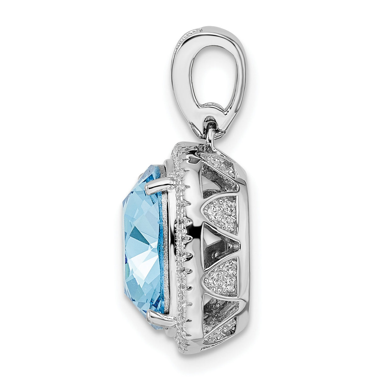 Sterling Silver Pendant with Cushion Cut Blue Topaz and Cubic Zirconia Halo