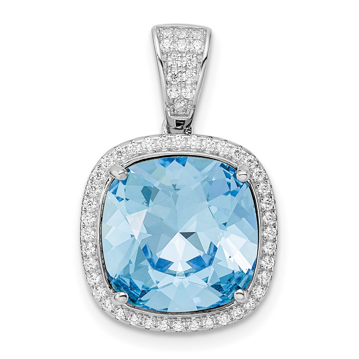 Sterling Silver Pendant with Cushion Cut Blue Topaz and Cubic Zirconia Halo