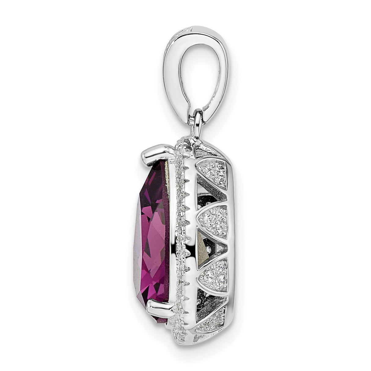 Sterling Silver Teardrop Pendant with Faceted Purple Gemstone and Halo Cubic Zirconia Accents