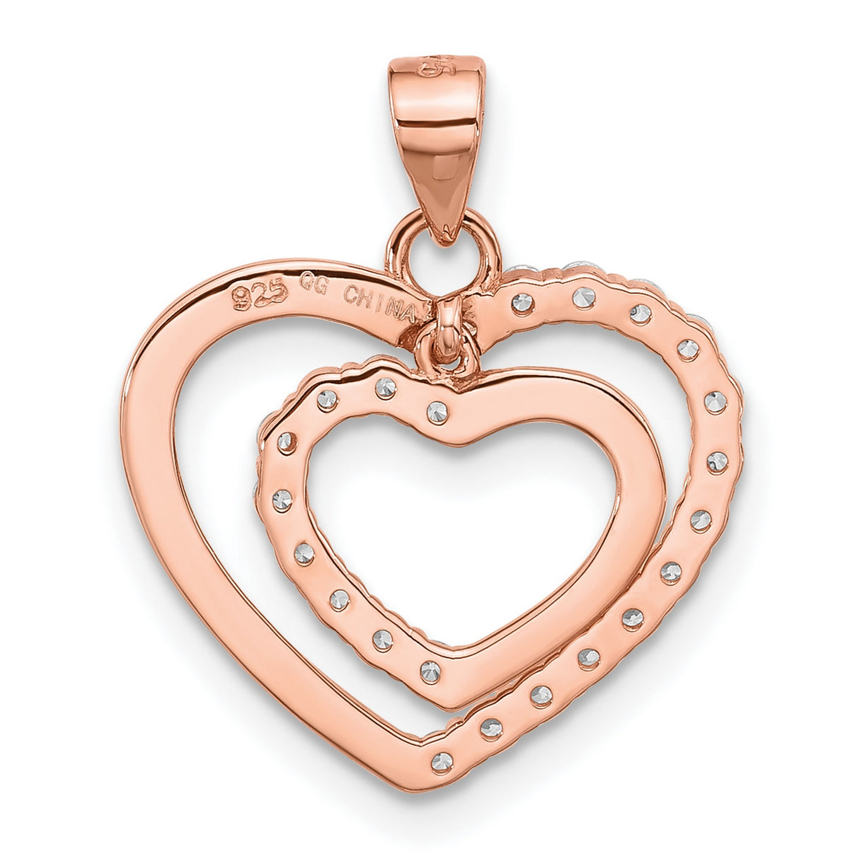 Sterling Silver Double Heart Pendant with Cubic Zirconia Accents, Rose Gold-Plated, Romantic Style