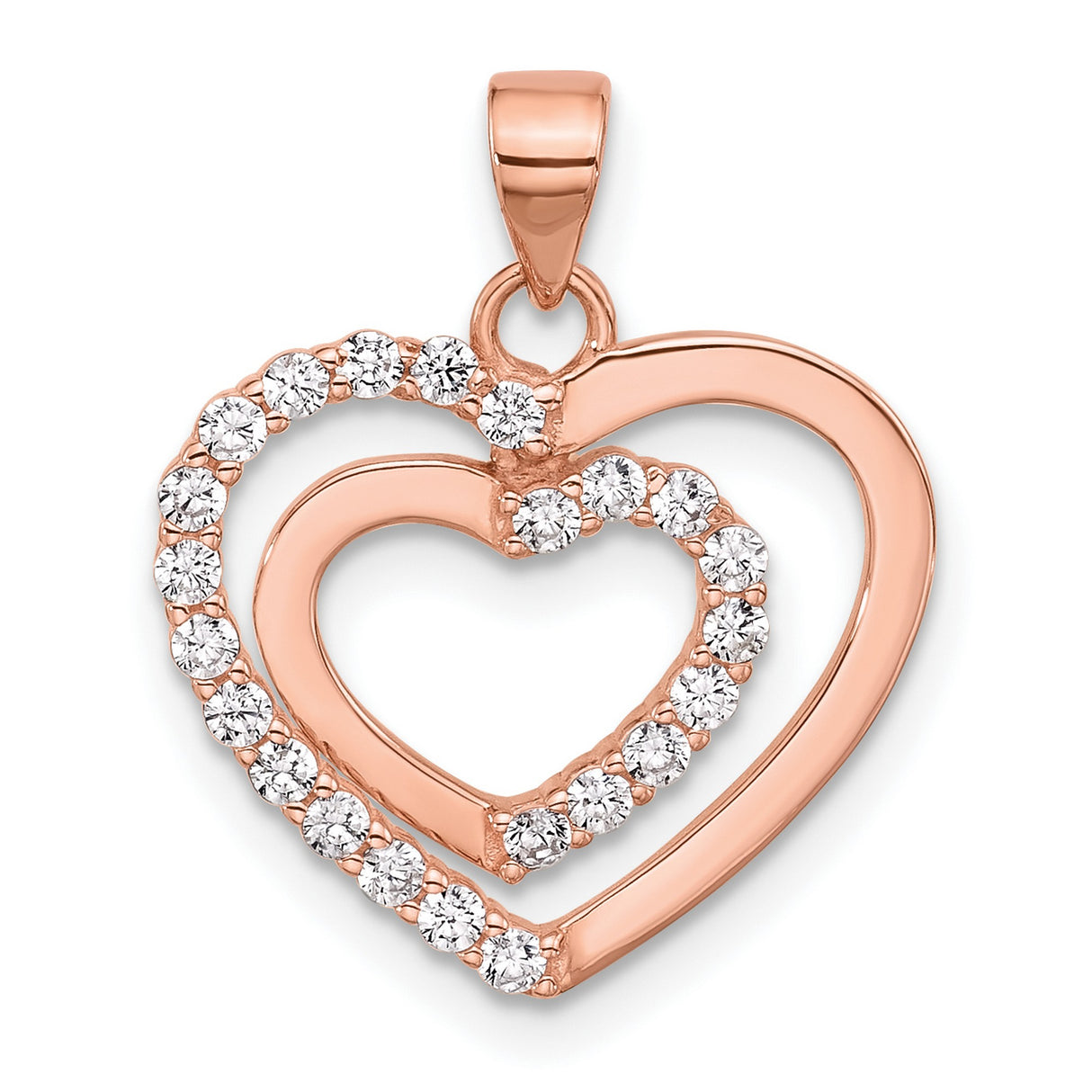 Sterling Silver Double Heart Pendant with Cubic Zirconia Accents, Rose Gold-Plated, Romantic Style