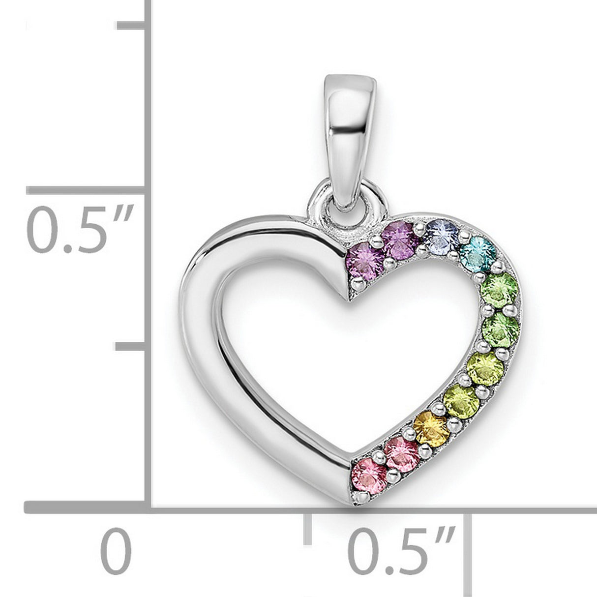 Sterling Silver Heart Pendant with Multicolor Cubic Zirconia, Rainbow Gradient Design