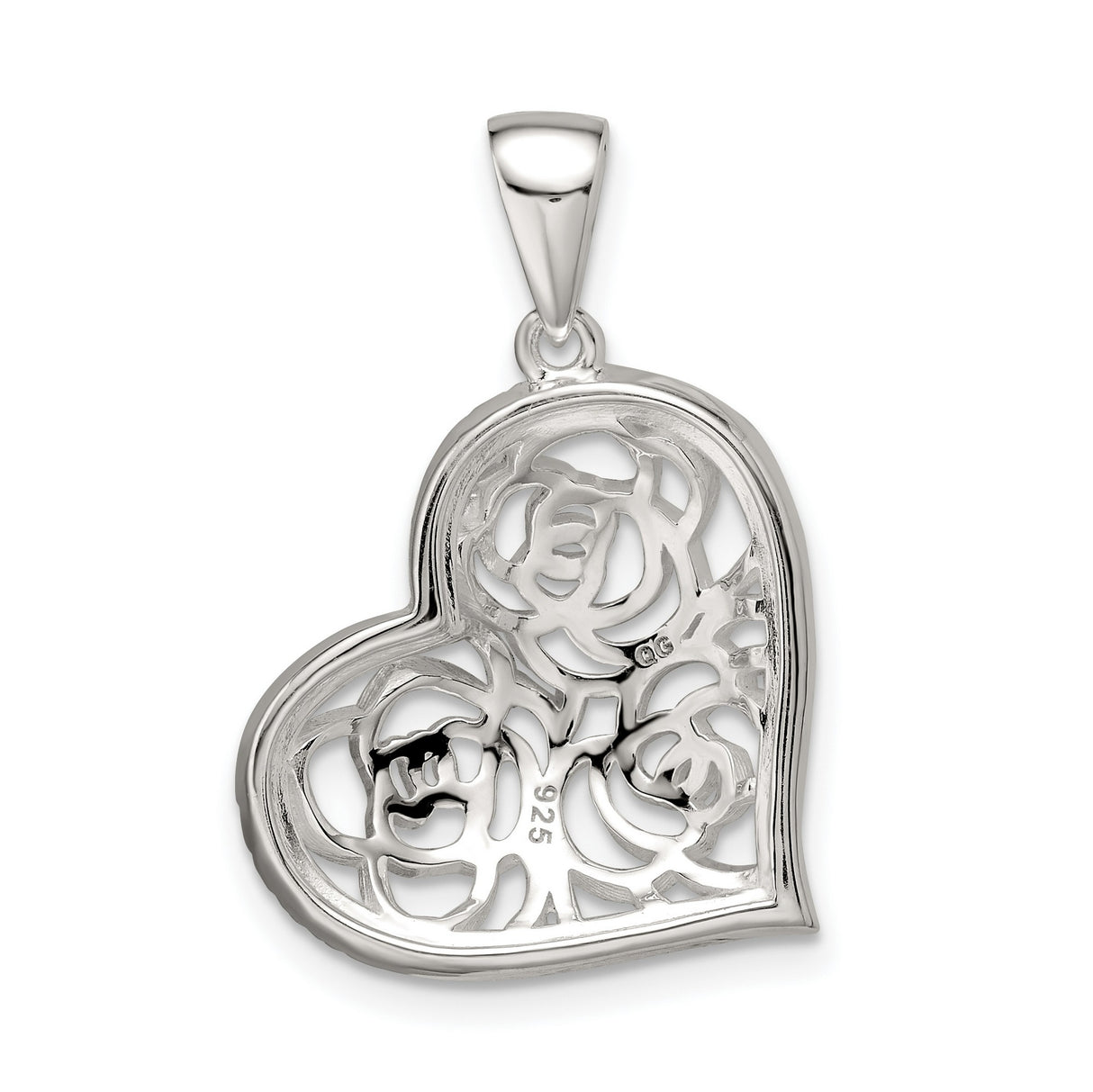 Sterling Silver Heart Pendant with Cubic Zirconia Border and Openwork Rose Design