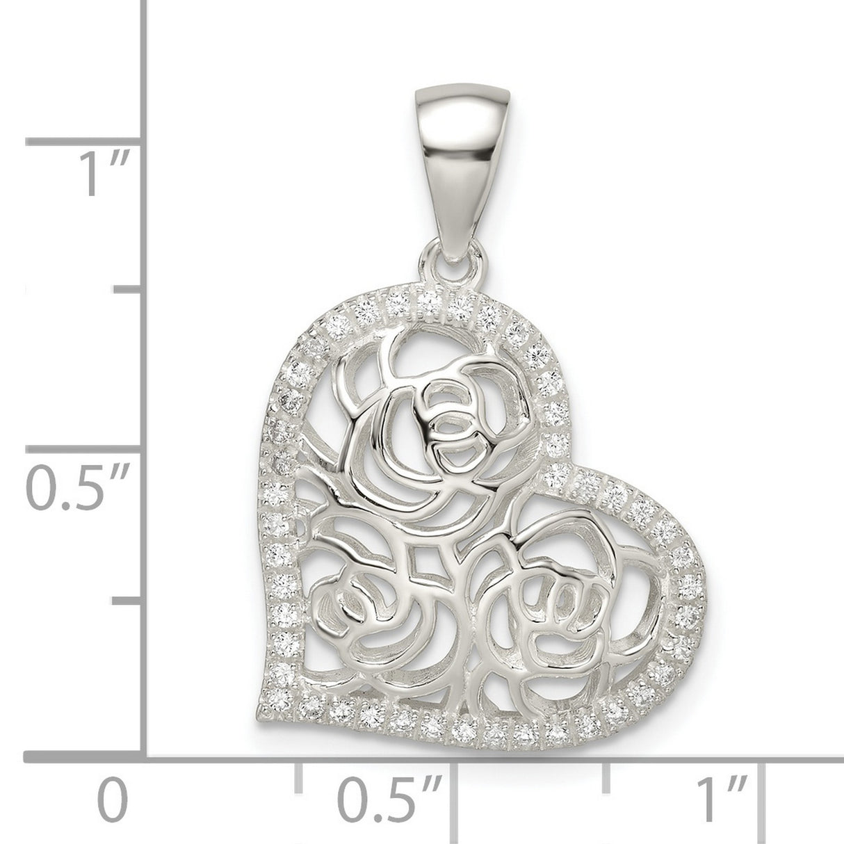 Sterling Silver Heart Pendant with Cubic Zirconia Border and Openwork Rose Design