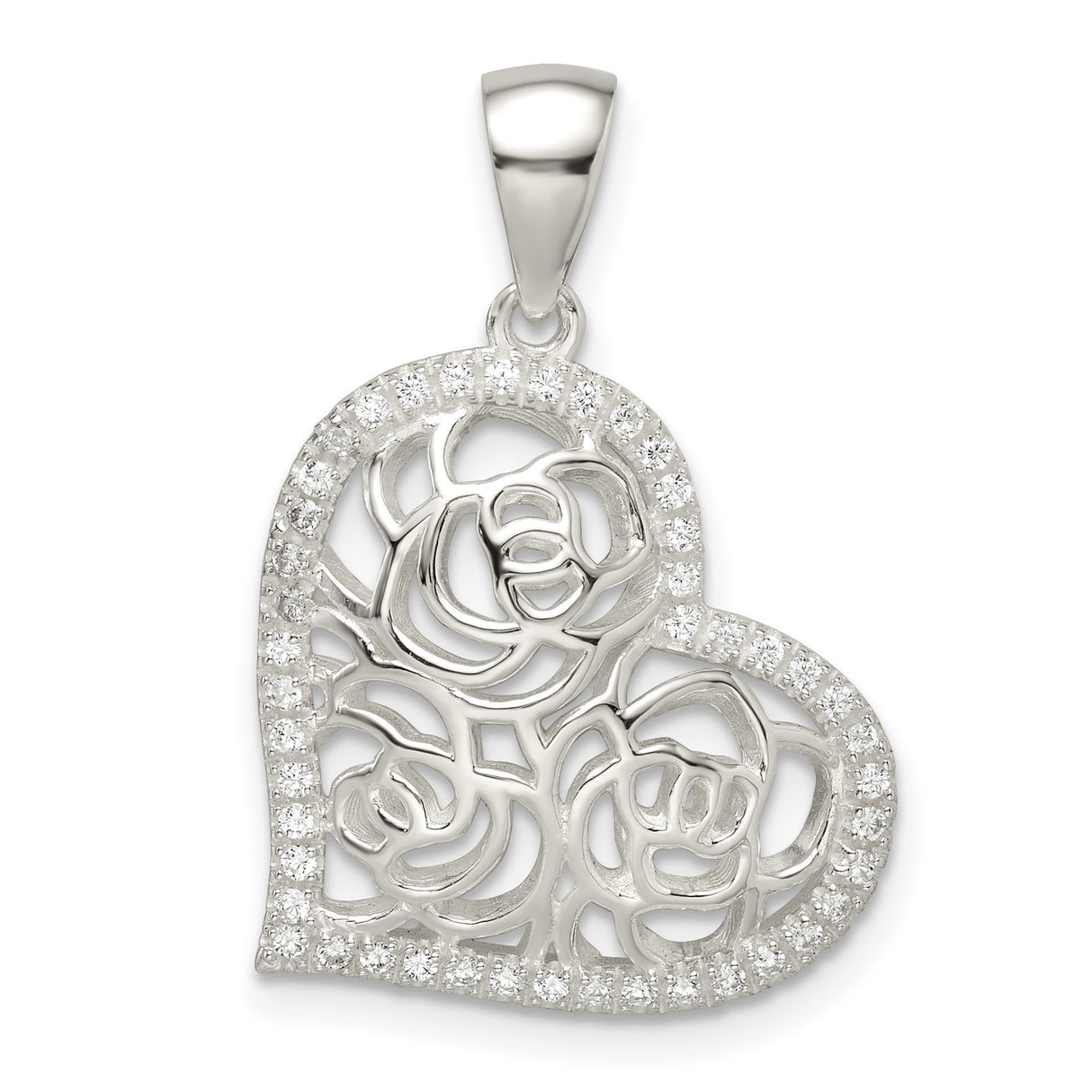 Sterling Silver Heart Pendant with Cubic Zirconia Border and Openwork Rose Design
