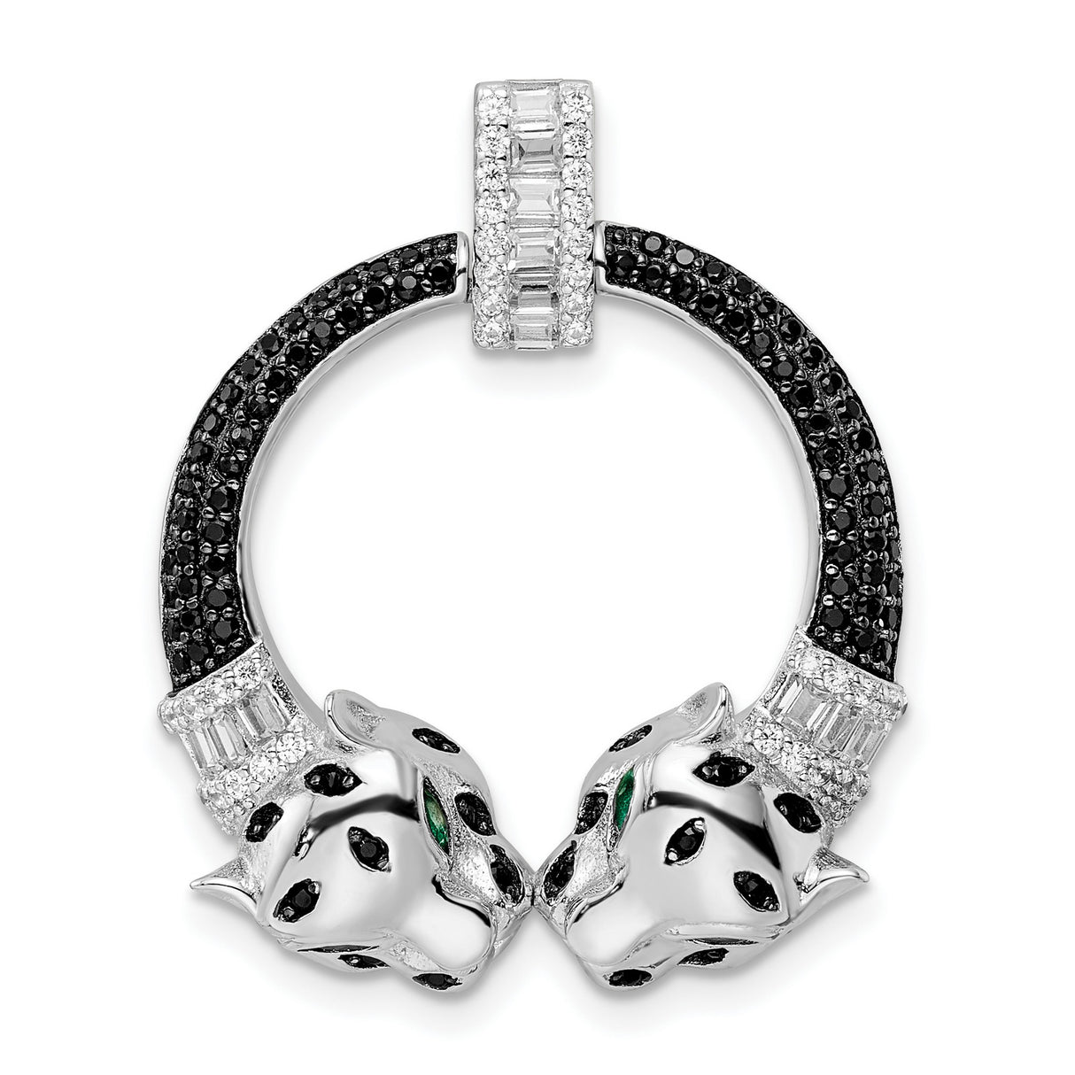 Sterling Silver Panther Pendant with Cubic Zirconia, Two Panther Heads, Jungle Theme