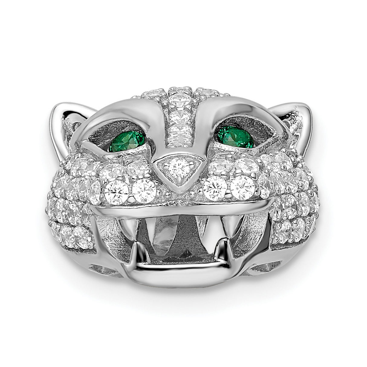 Sterling Silver Panther Head Pendant with Cubic Zirconia and Green Eyes, Jungle Animal Theme