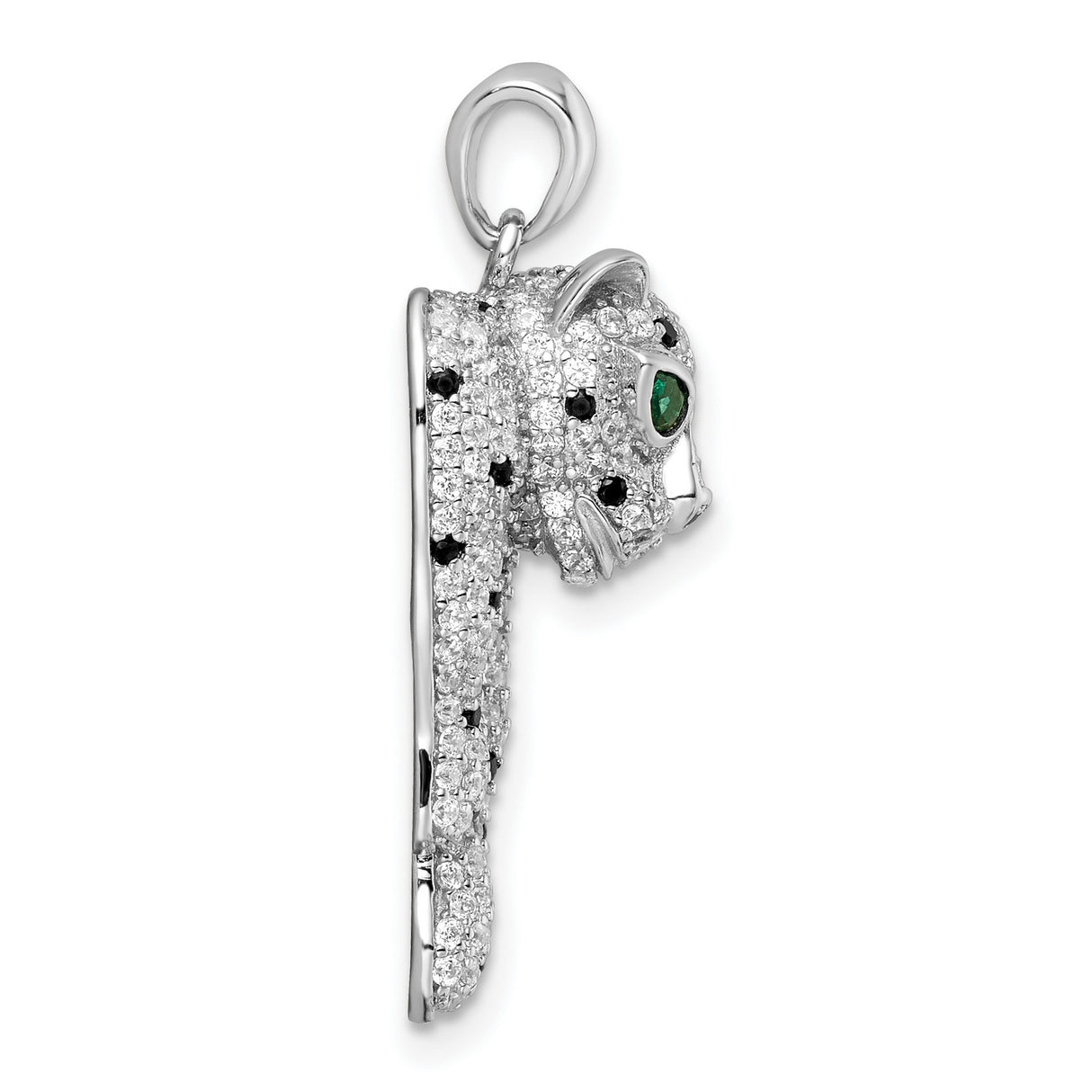 Sterling Silver Panther Pendant with Black and White Cubic Zirconia and Green Eyes, Animal Theme