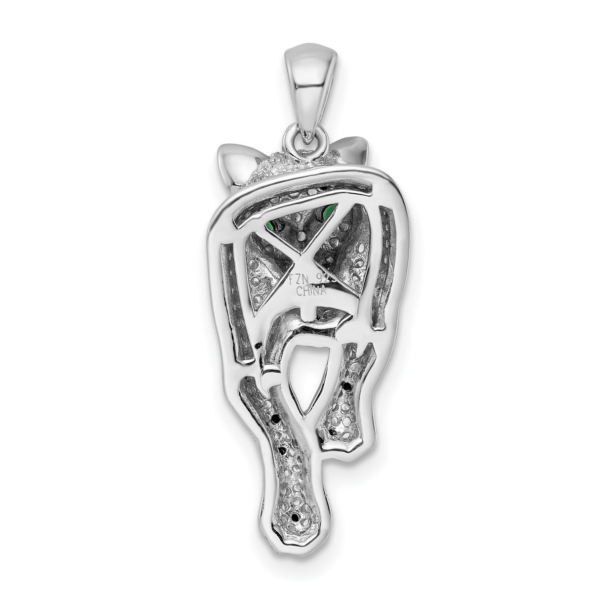 Sterling Silver Panther Pendant with Black and White Cubic Zirconia and Green Eyes, Animal Theme