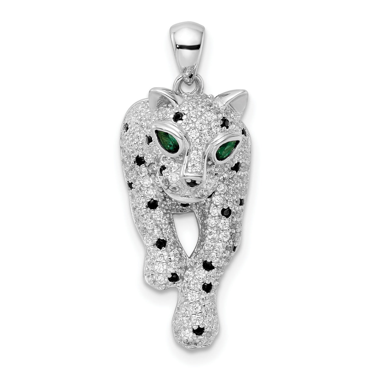Sterling Silver Panther Pendant with Black and White Cubic Zirconia and Green Eyes, Animal Theme