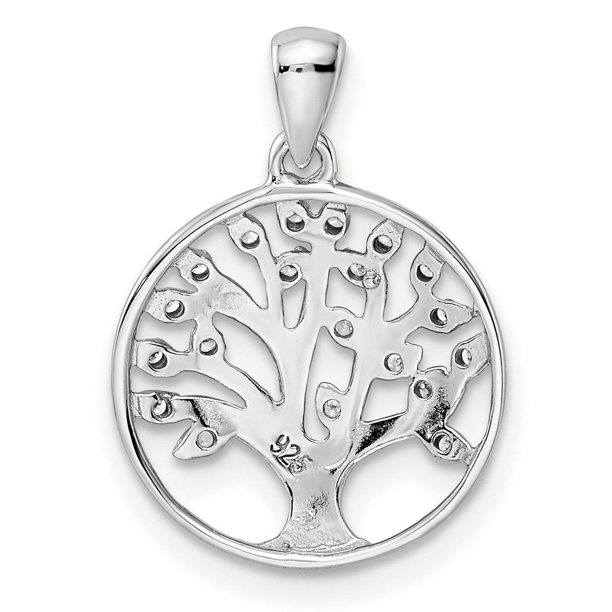 Sterling Silver Tree of Life Pendant with Cubic Zirconia, Openwork Circle Design, Leaf Accents