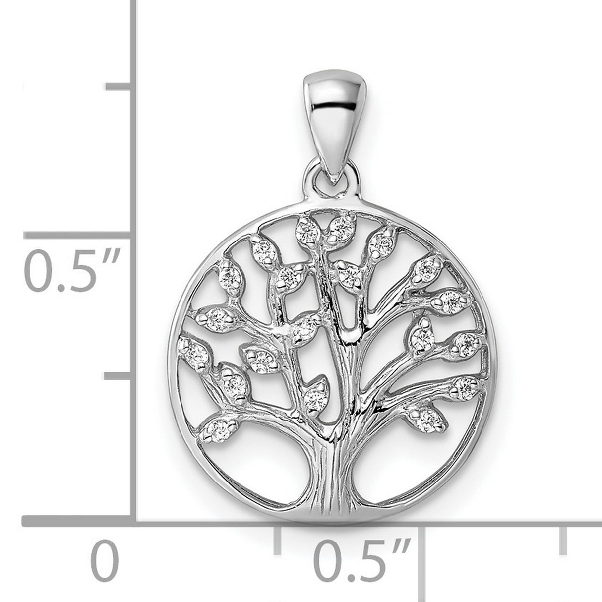 Sterling Silver Tree of Life Pendant with Cubic Zirconia, Openwork Circle Design, Leaf Accents