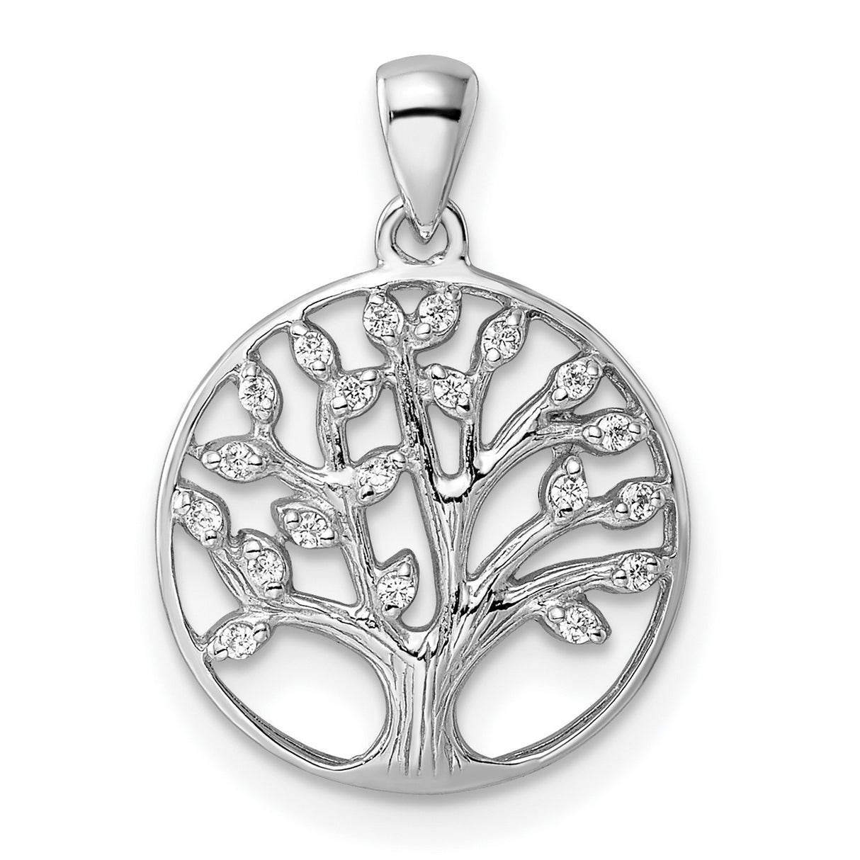 Sterling Silver Tree of Life Pendant with Cubic Zirconia, Openwork Circle Design, Leaf Accents